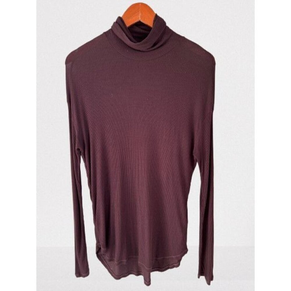 MAJESTIC FILATURES Ribbed Turtleneck Sweater High Low Brown Burgundy - Small